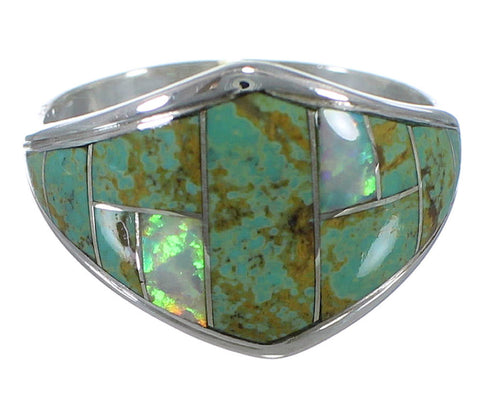 Turquoise And Opal Inlay Silver Jewelry Ring Size 6-1/4 AX52323